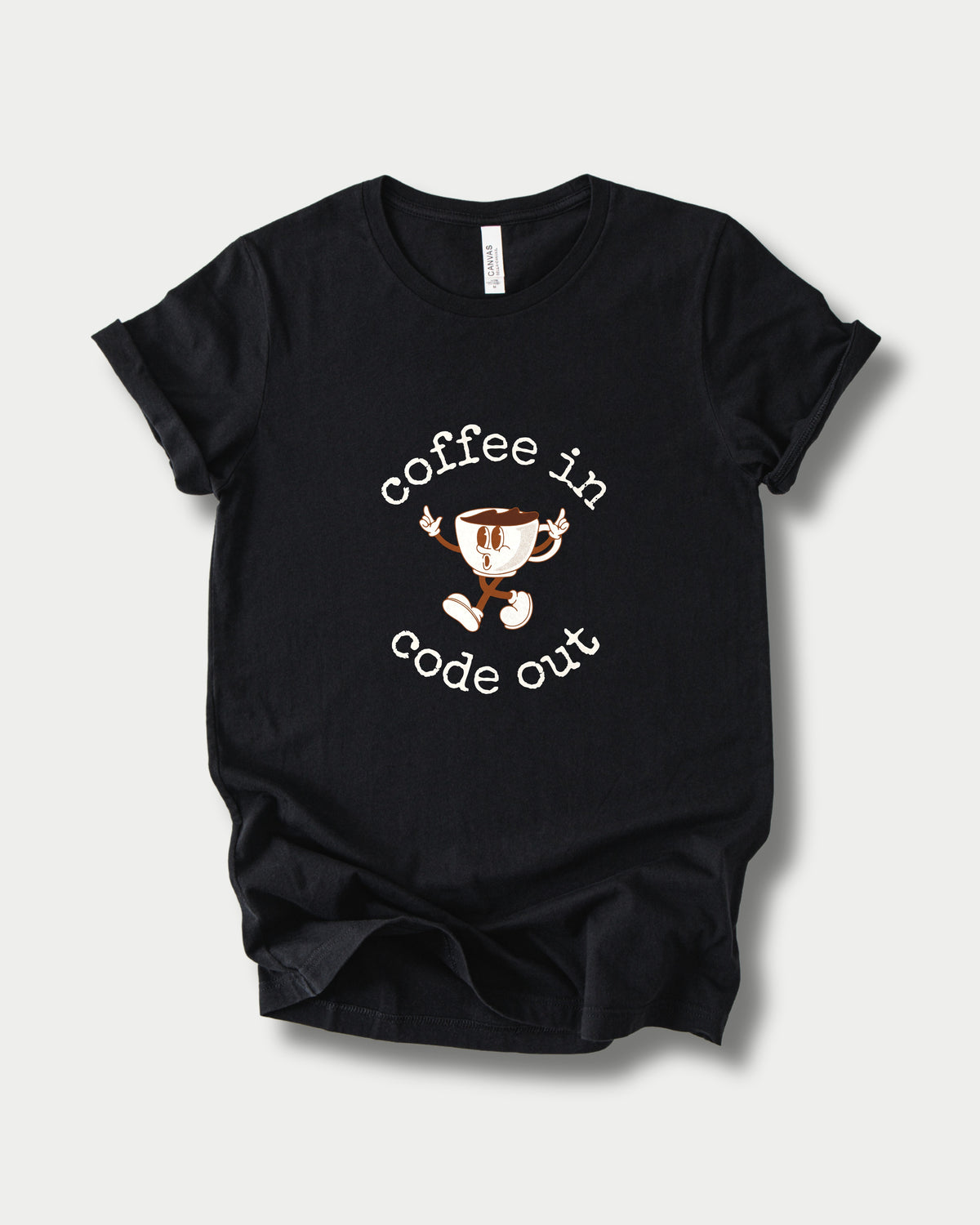 Coffee In Code Out in Black on Bella+Canvas 3001, laid flat.