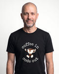 Coffee In Code Out in Black on Bella+Canvas 3001, worn by Oliver. AI-generated model.