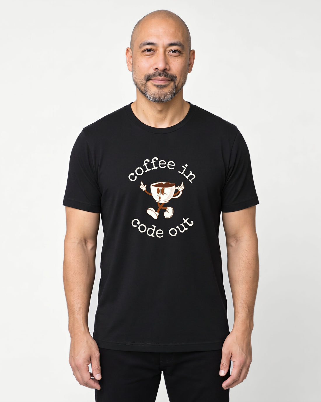 Coffee In Code Out in Black on Bella+Canvas 3001, worn by Oliver. AI-generated model.