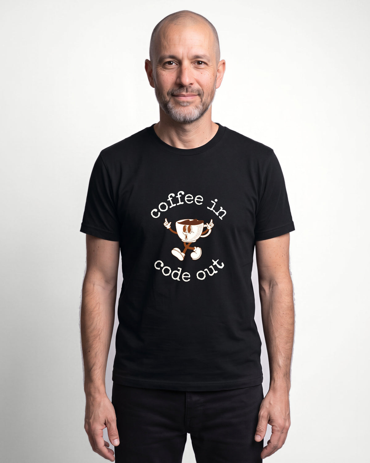 Coffee In Code Out in Black on Bella+Canvas 3001, worn by Oliver. AI-generated model.