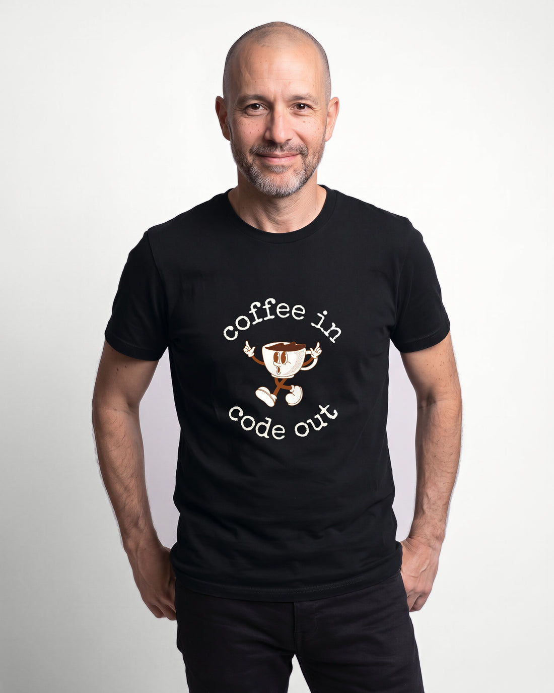 Coffee In Code Out in Black on Bella+Canvas 3001, worn by Oliver. AI-generated model.