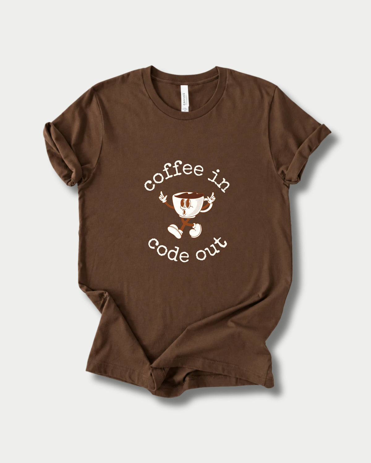 Coffee In Code Out in Brown on Bella+Canvas 3001, laid flat.