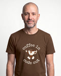 Coffee In Code Out in Brown on Bella+Canvas 3001, worn by Oliver. AI-generated model.