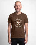 Coffee In Code Out in Brown on Bella+Canvas 3001, worn by Oliver. AI-generated model.
