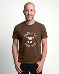 Coffee In Code Out in Brown on Bella+Canvas 3001, worn by Oliver. AI-generated model.