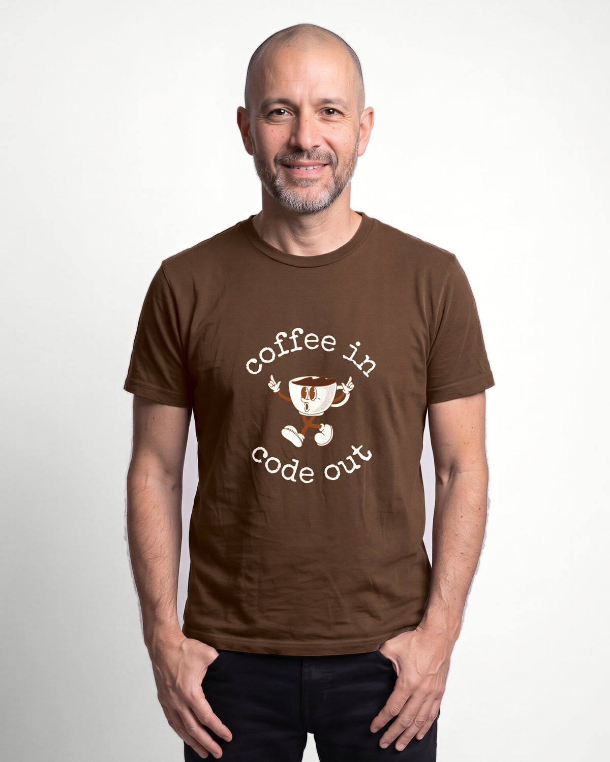Coffee In Code Out in Brown on Bella+Canvas 3001, worn by Oliver. AI-generated model.