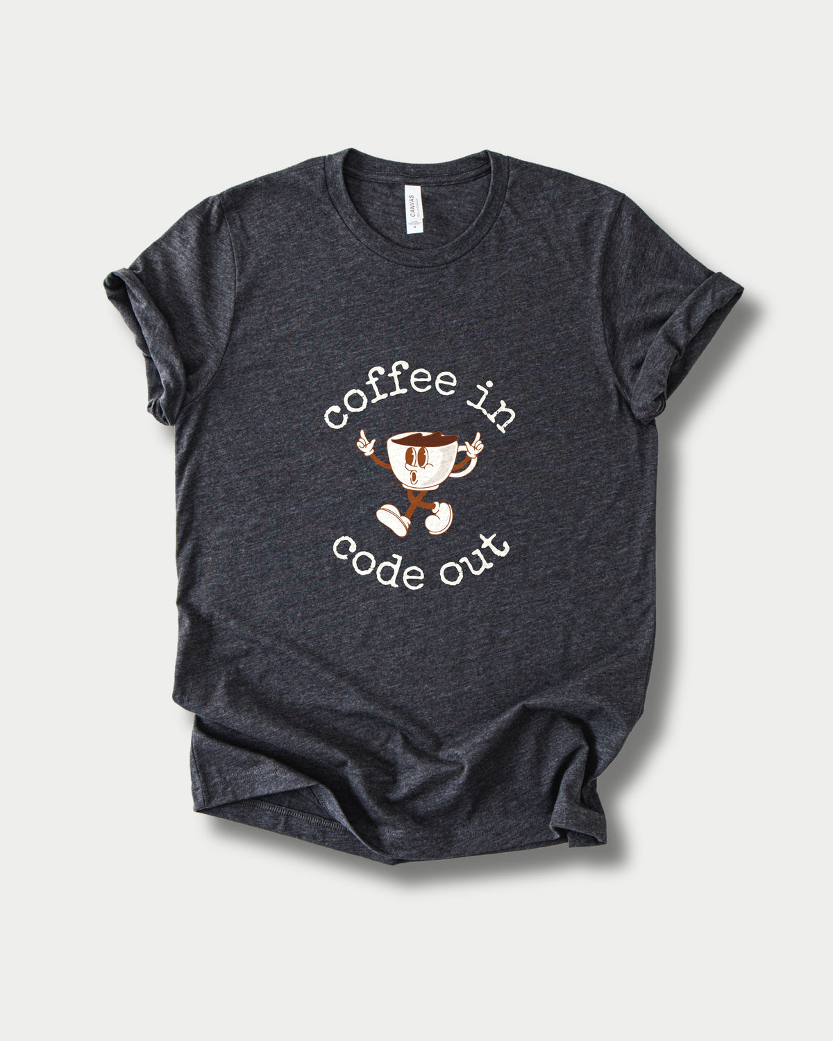 Coffee In Code Out in Dark Grey Heather on Bella+Canvas 3001, laid flat.
