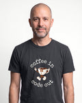 Coffee In Code Out in Dark Grey Heather on Bella+Canvas 3001, worn by Oliver. AI-generated model.