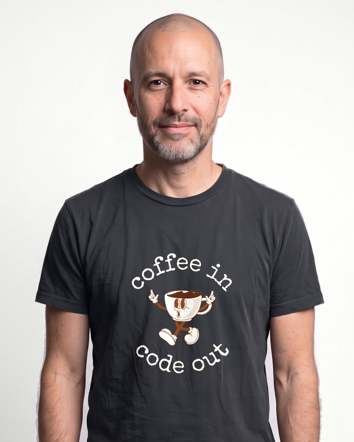 Coffee In Code Out in Dark Grey Heather on Bella+Canvas 3001, worn by Oliver. AI-generated model.