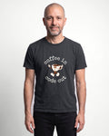 Coffee In Code Out in Dark Grey Heather on Bella+Canvas 3001, worn by Oliver. AI-generated model.