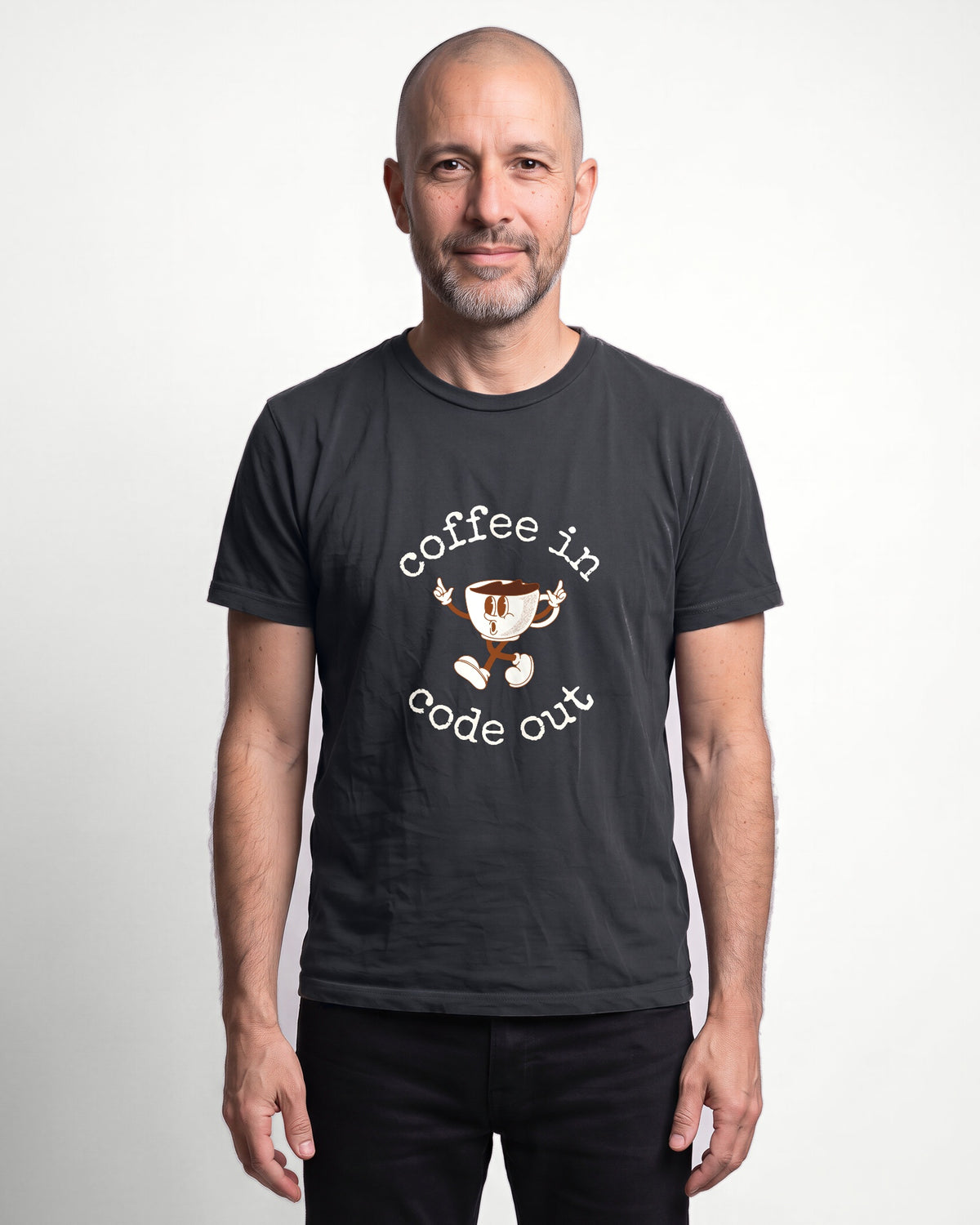 Coffee In Code Out in Dark Grey Heather on Bella+Canvas 3001, worn by Oliver. AI-generated model.