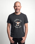 Coffee In Code Out in Dark Grey Heather on Bella+Canvas 3001, worn by Oliver. AI-generated model.
