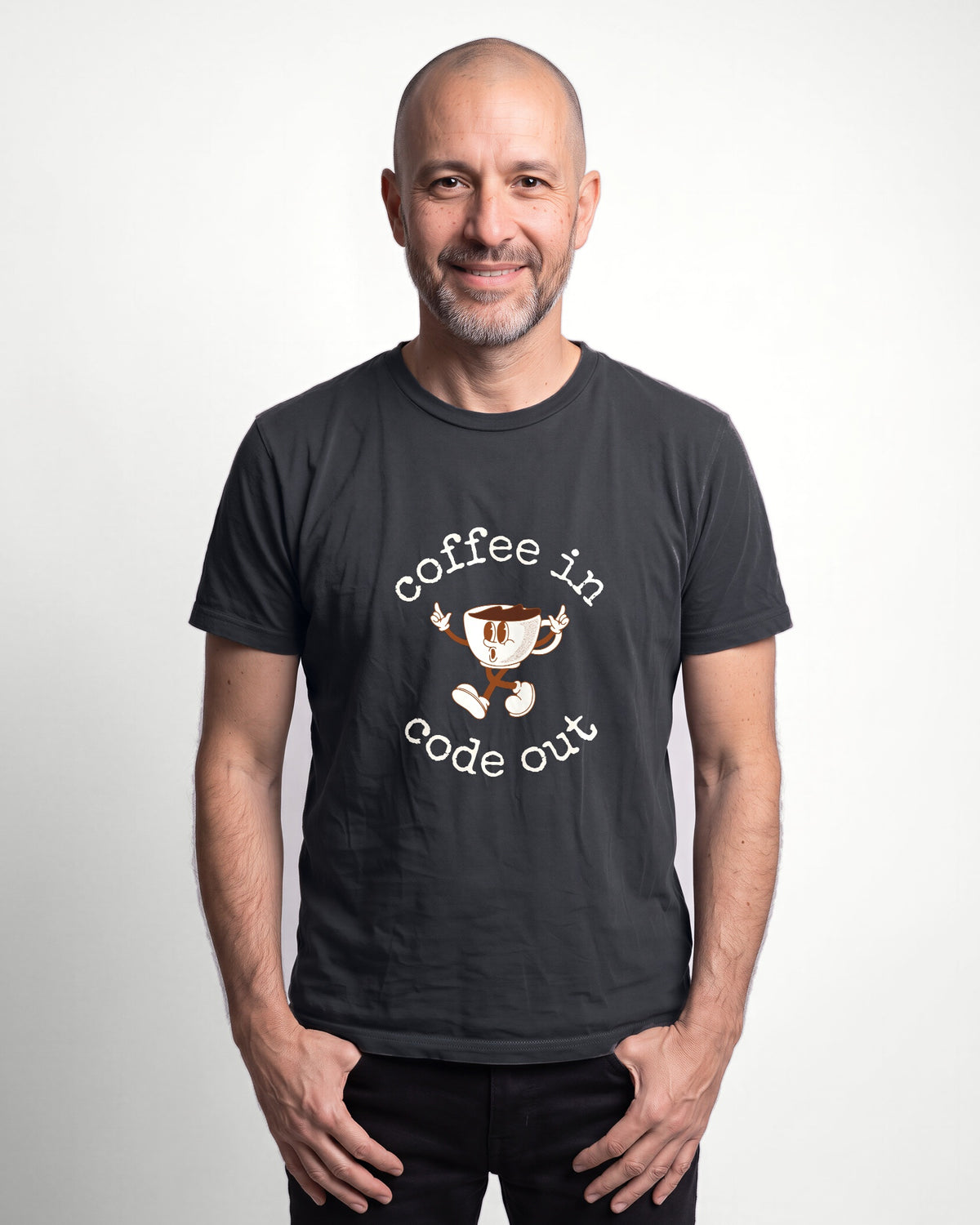 Coffee In Code Out in Dark Grey Heather on Bella+Canvas 3001, worn by Oliver. AI-generated model.
