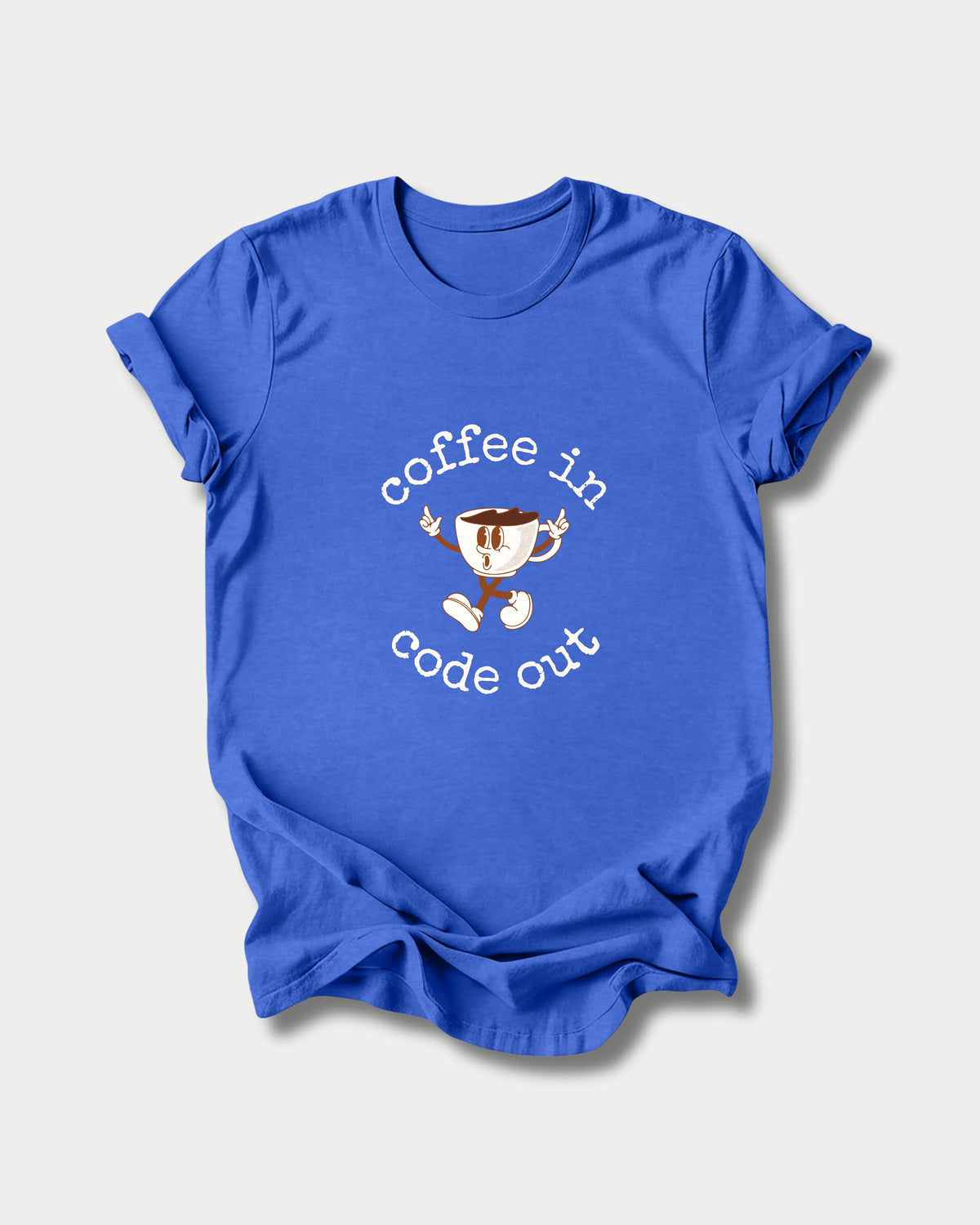 Coffee In Code Out in Heather True Royal on Bella+Canvas 3001, laid flat.