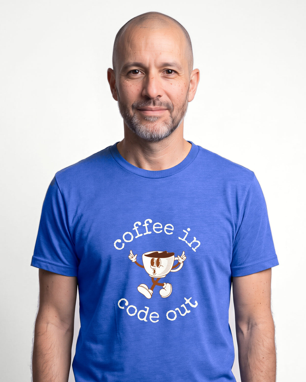 Coffee In Code Out in Heather True Royal on Bella+Canvas 3001, worn by Oliver. AI-generated model.