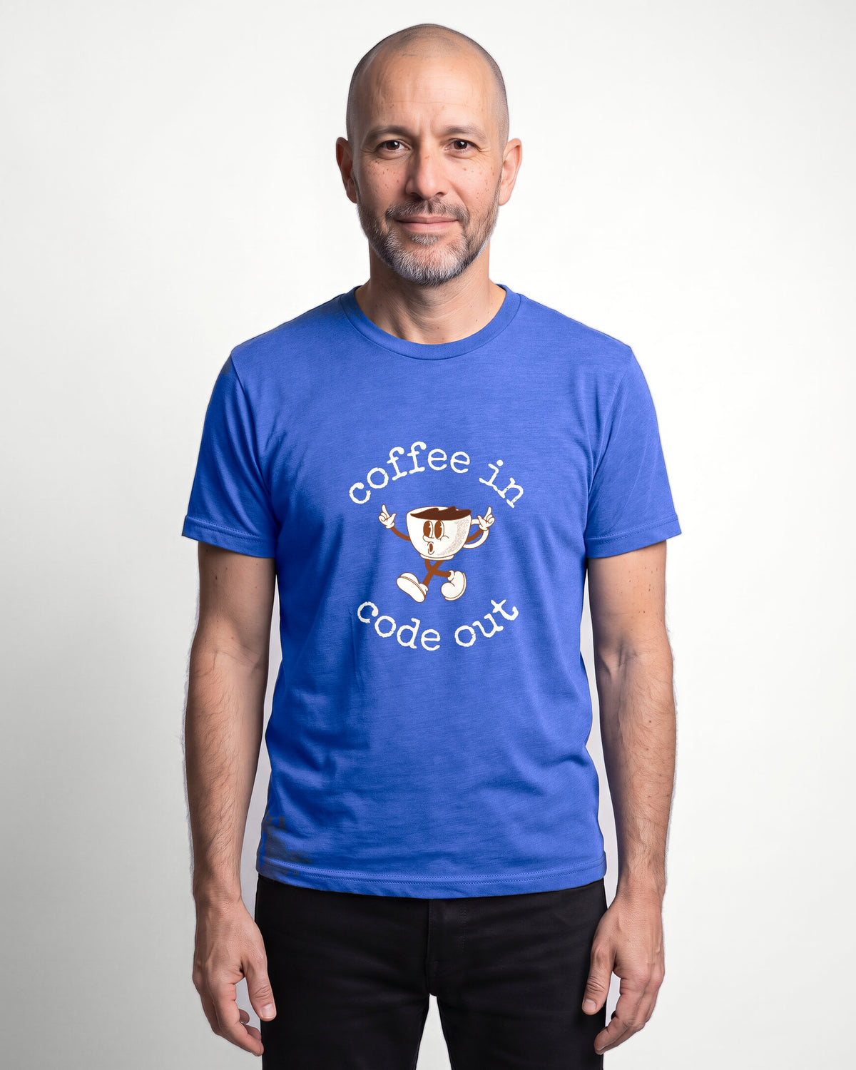 Coffee In Code Out in Heather True Royal on Bella+Canvas 3001, worn by Oliver. AI-generated model.