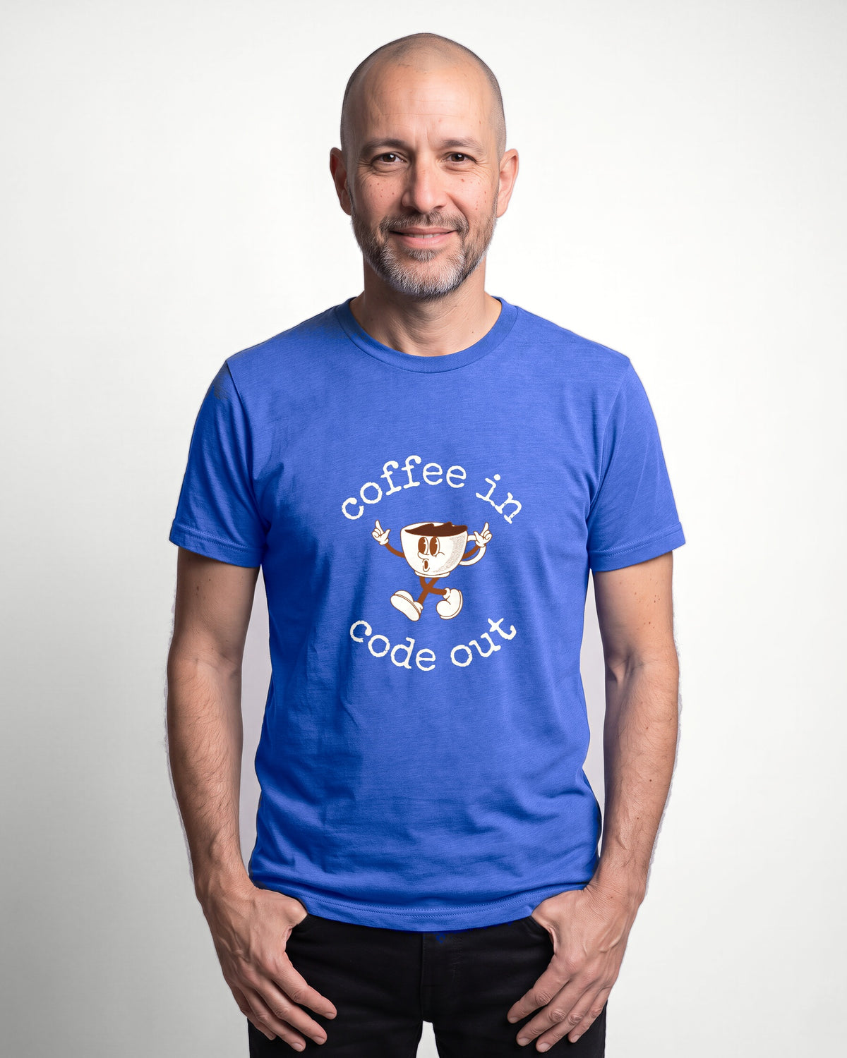 Coffee In Code Out in Heather True Royal on Bella+Canvas 3001, worn by Oliver. AI-generated model.