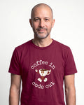 Coffee In Code Out in Maroon on Bella+Canvas 3001, worn by Oliver. AI-generated model.