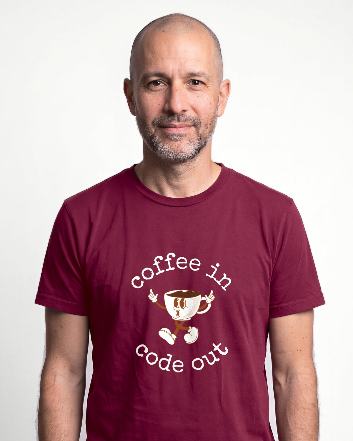 Coffee In Code Out in Maroon on Bella+Canvas 3001, worn by Oliver. AI-generated model.