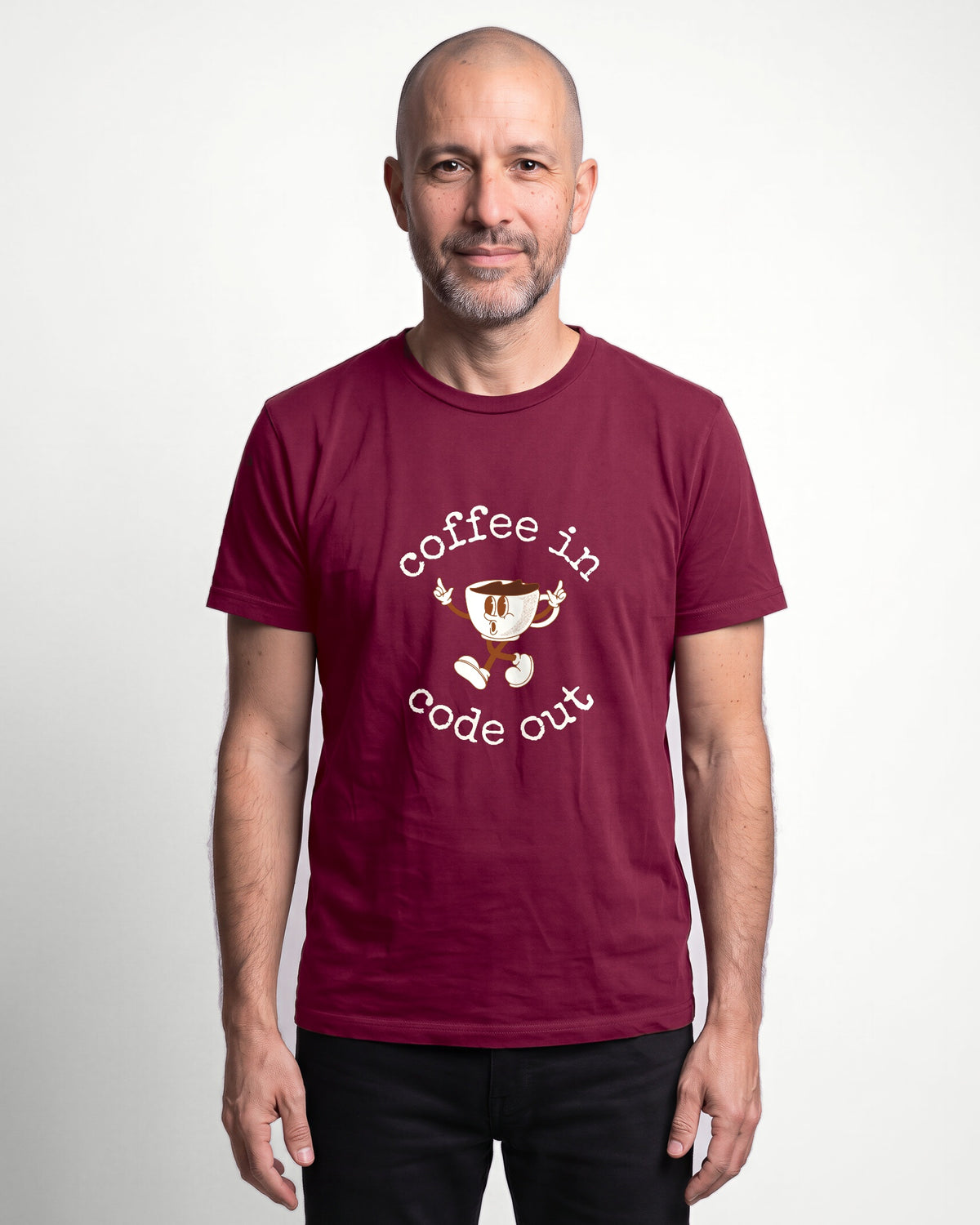 Coffee In Code Out in Maroon on Bella+Canvas 3001, worn by Oliver. AI-generated model.