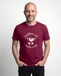 Coffee In Code Out in Maroon on Bella+Canvas 3001, worn by Oliver. AI-generated model.