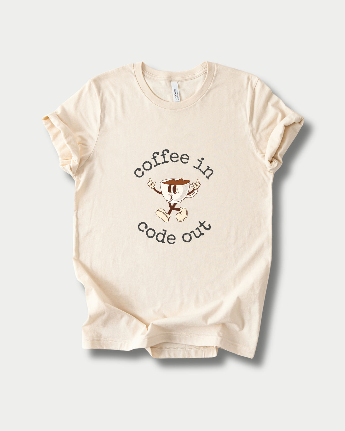 Coffee In Code Out in Natural on Bella+Canvas 3001, laid flat.