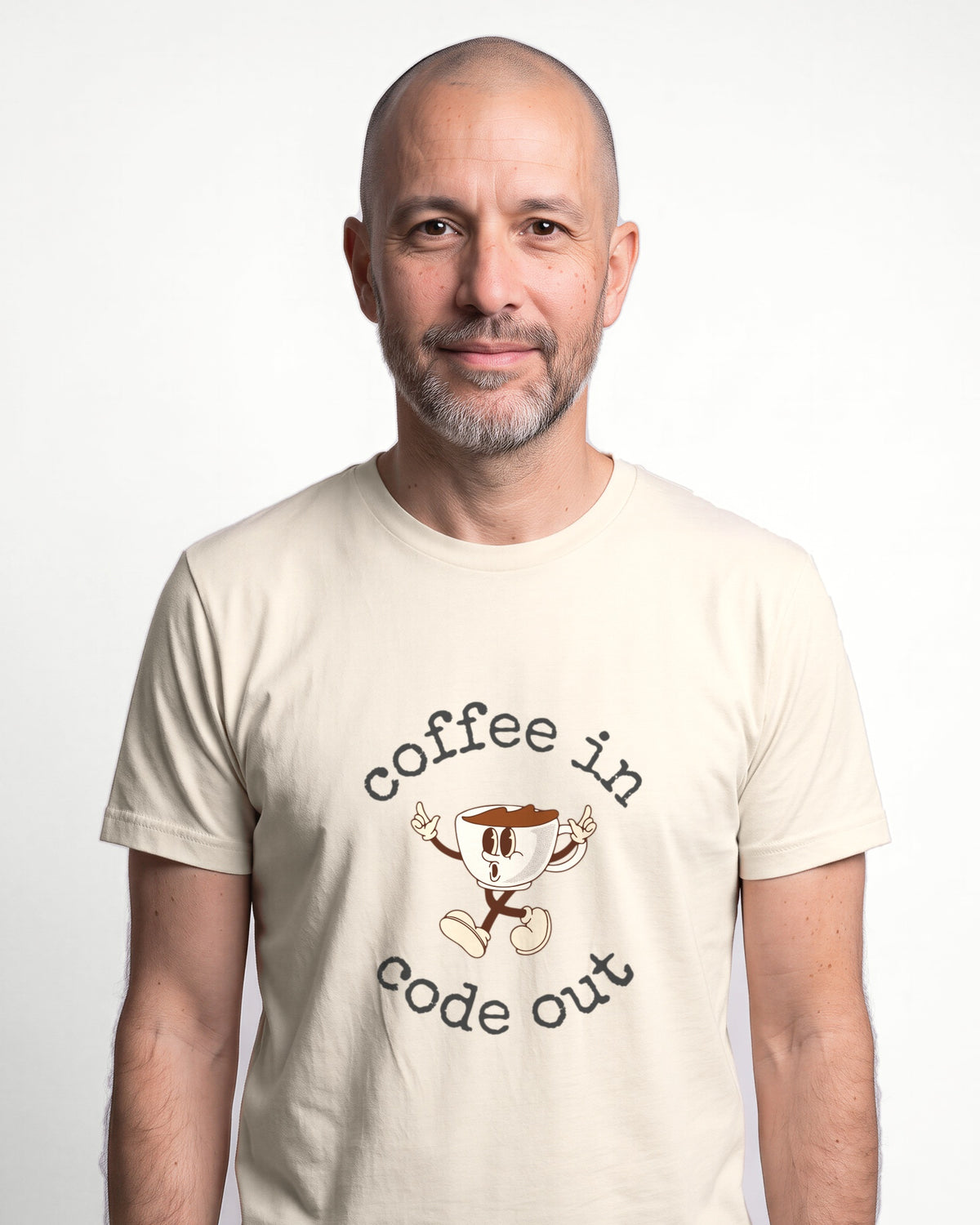 Coffee In Code Out in Natural on Bella+Canvas 3001, worn by Oliver. AI-generated model.