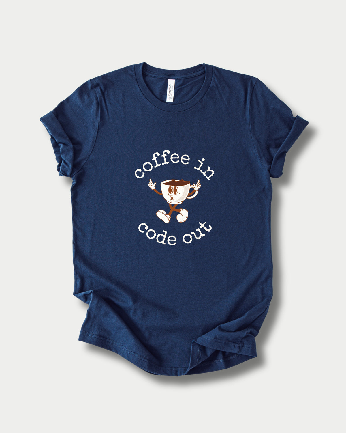 Coffee In Code Out in Navy on Bella+Canvas 3001, laid flat.