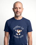 Coffee In Code Out in Navy on Bella+Canvas 3001, worn by Oliver. AI-generated model.