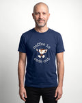 Coffee In Code Out in Navy on Bella+Canvas 3001, worn by Oliver. AI-generated model.
