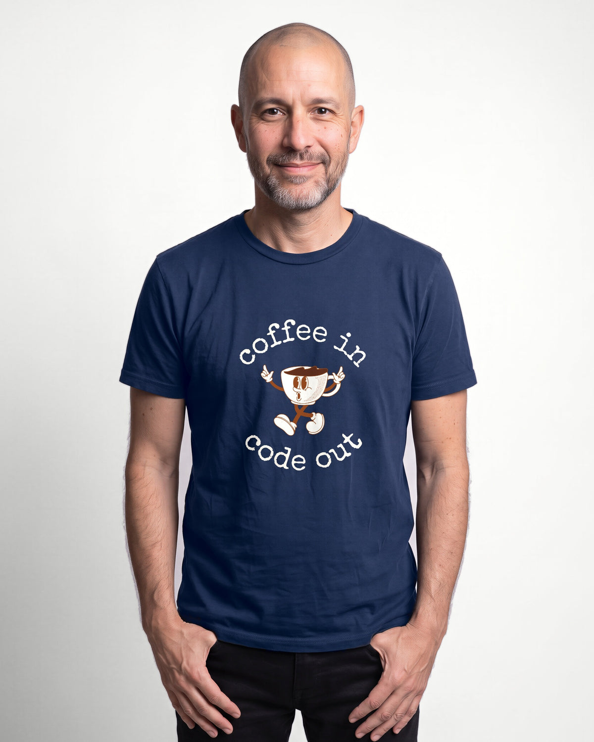 Coffee In Code Out in Navy on Bella+Canvas 3001, worn by Oliver. AI-generated model.