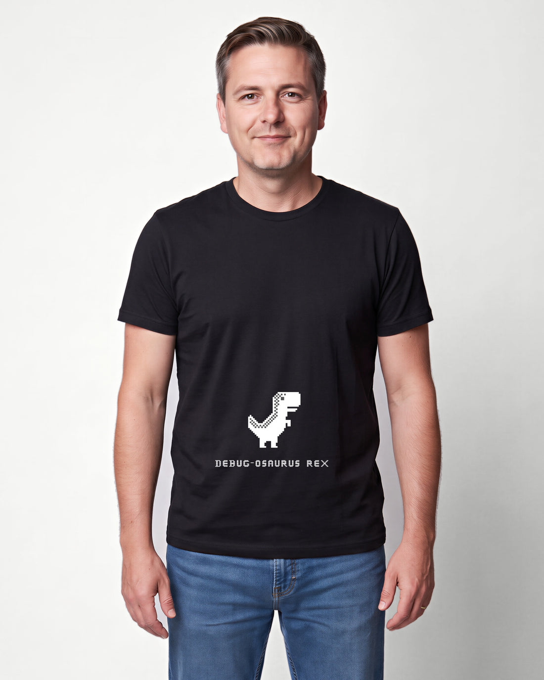 Debugosaurus Rex in Black on Bella+Canvas 3001, worn by Marcus. AI-generated model.