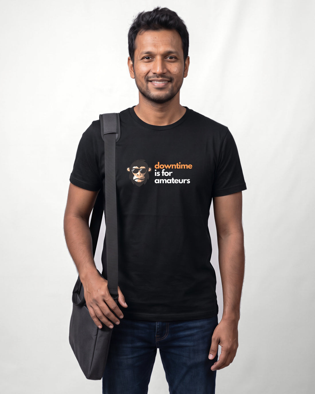 Downtime is for Amateurs in Black on Bella+Canvas 3001, worn by Rohan. AI-generated model.