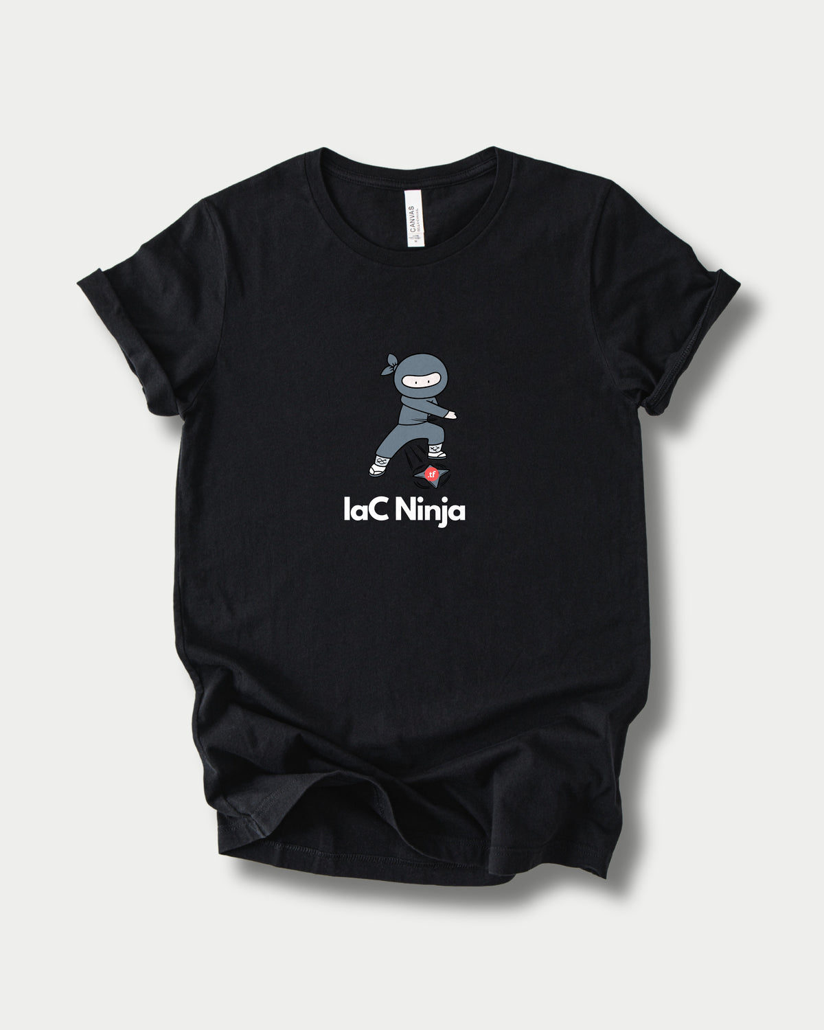 IaC Ninja in Black on Bella+Canvas 3001, laid flat.