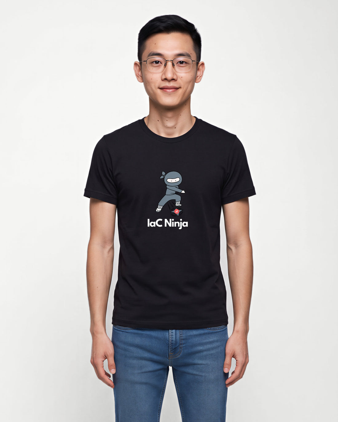 IaC Ninja in Black on Bella+Canvas 3001, worn by Kenji. AI-generated model.