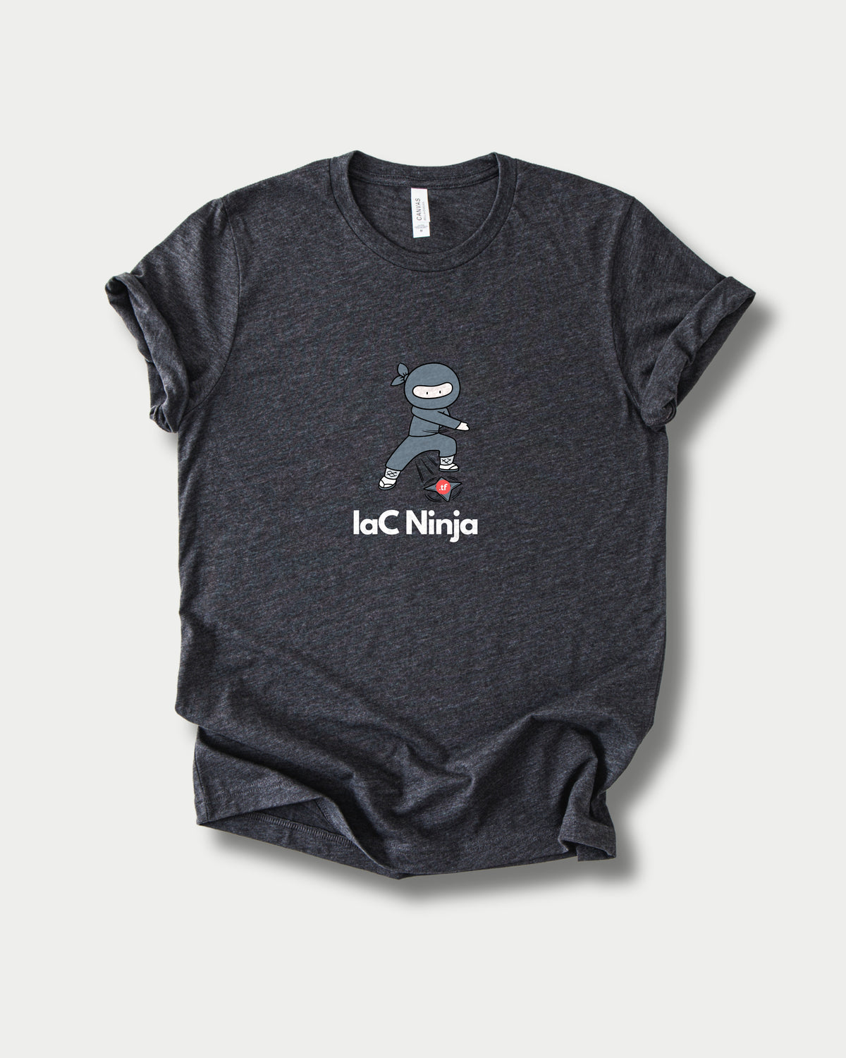 IaC Ninja in Dark Grey Heather on Bella+Canvas 3001, laid flat.