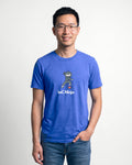 IaC Ninja in Heather True Royal on Bella+Canvas 3001, worn by Kenji. AI-generated model.