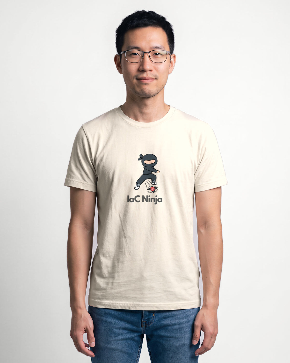 IaC Ninja in Natural on Bella+Canvas 3001, worn by Kenji. AI-generated model.