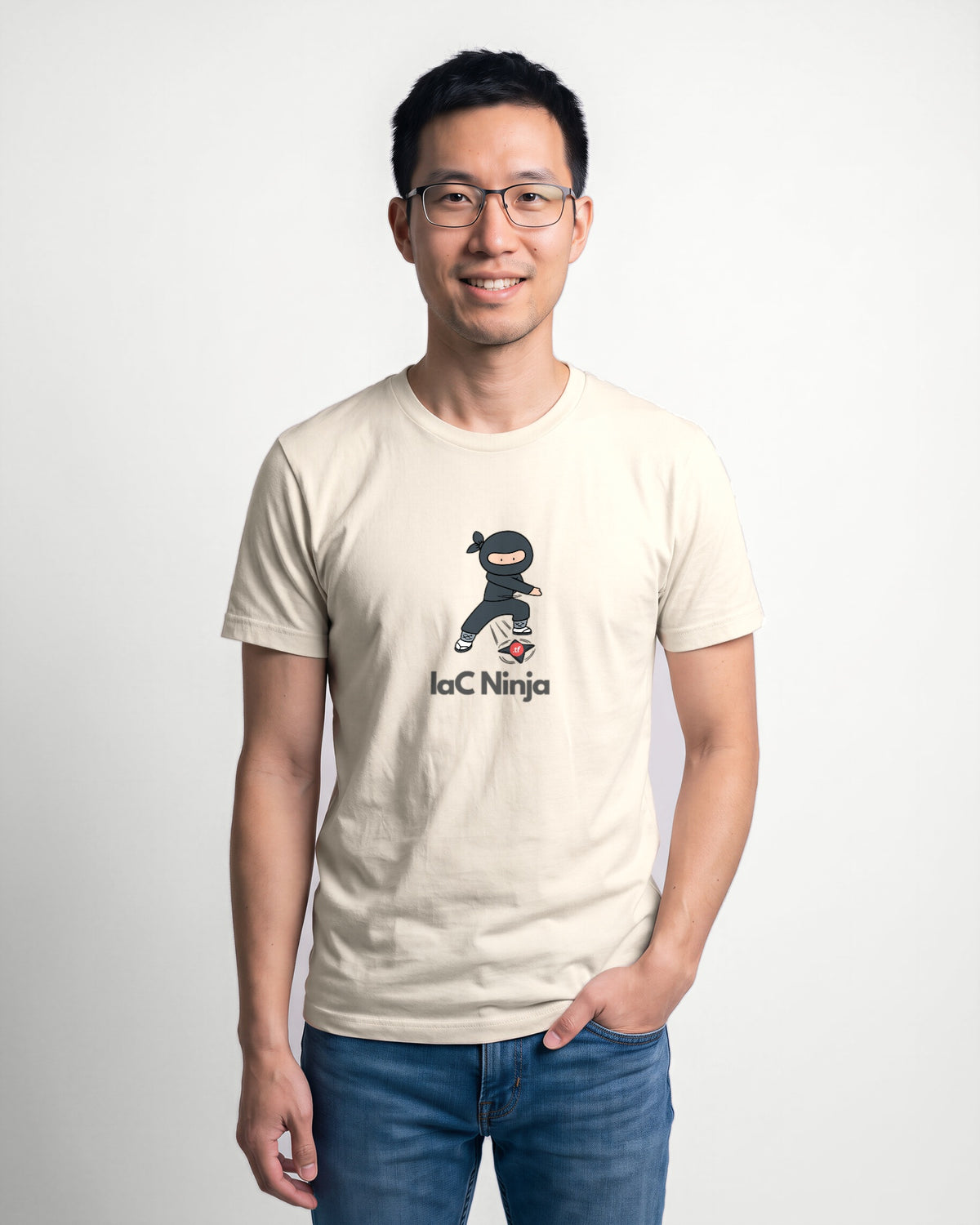 IaC Ninja in Natural on Bella+Canvas 3001, worn by Kenji. AI-generated model.