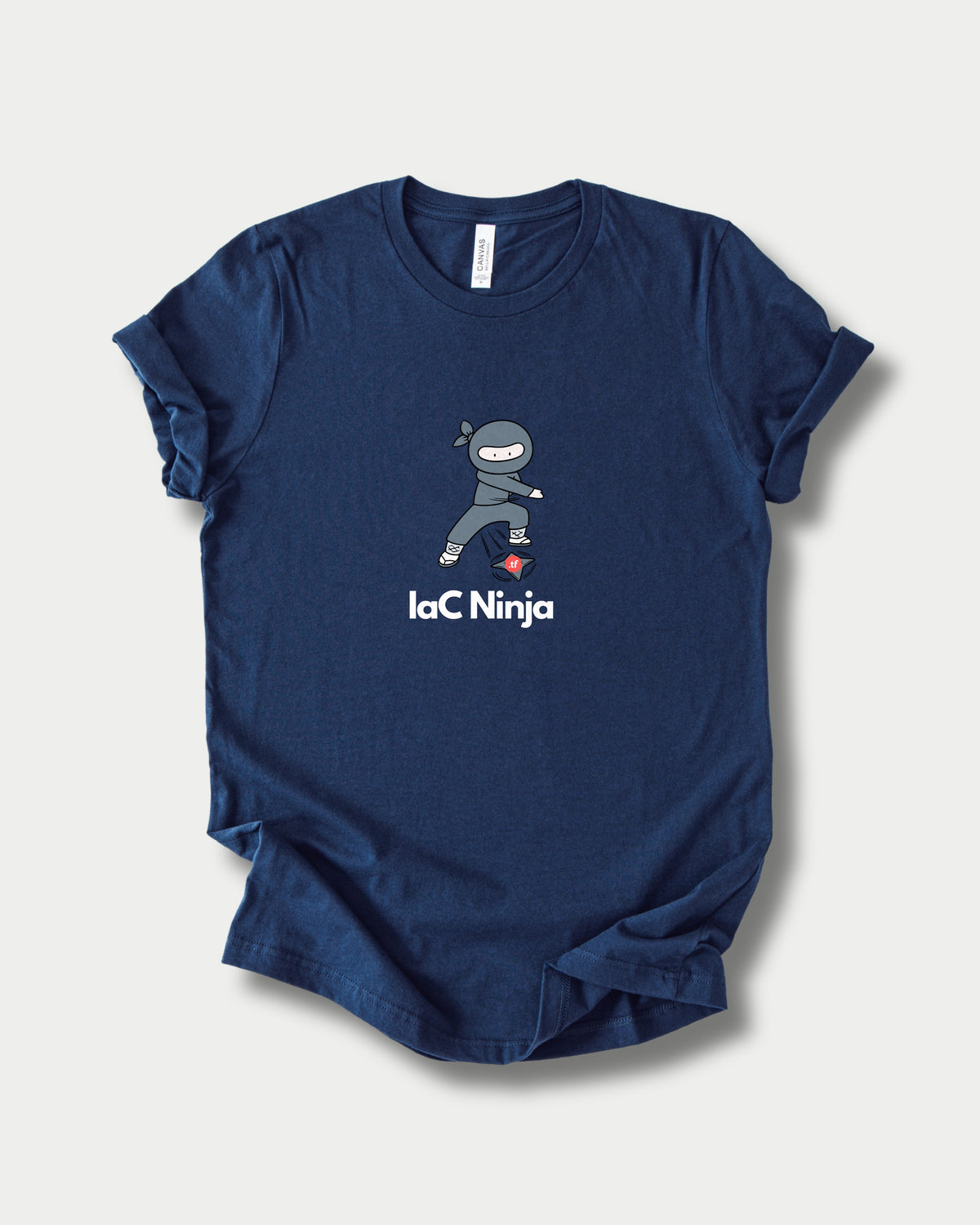 IaC Ninja in Navy on Bella+Canvas 3001, laid flat.