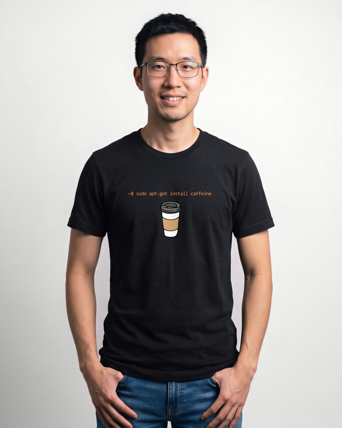 Install Caffeine in Black on Bella+Canvas 3001, worn by Kenji. AI-generated model.