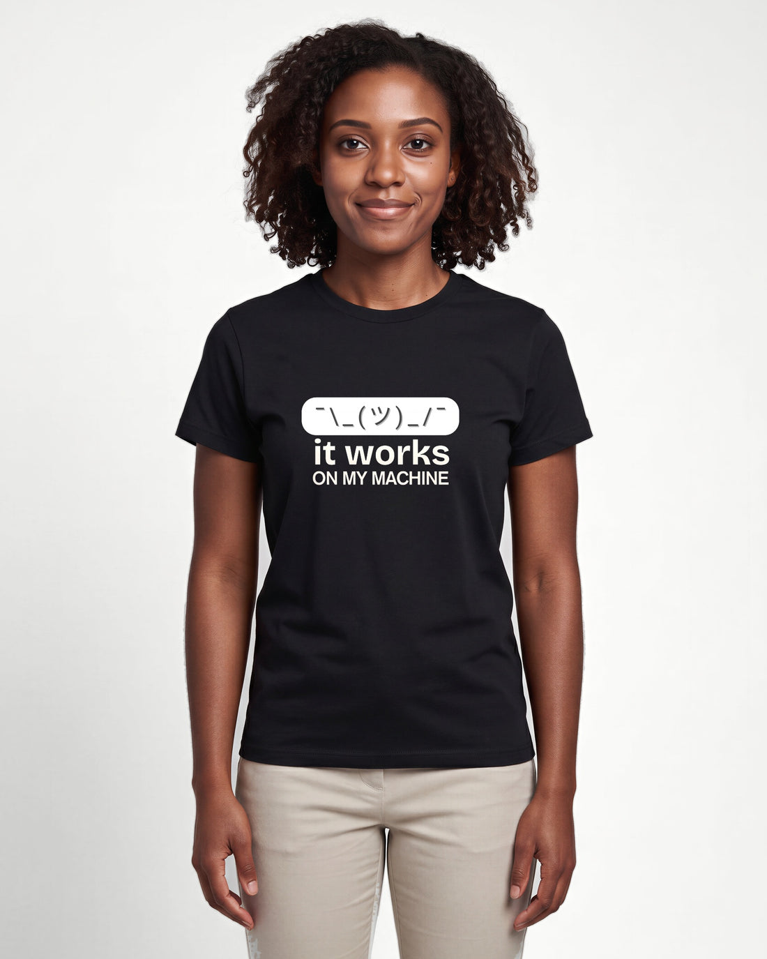 It works on my machine in Black on Bella+Canvas 3001, worn by Nia. AI-generated model.