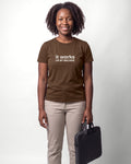 It works on my machine in Brown on Bella+Canvas 3001, worn by Nia. AI-generated model.