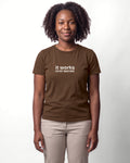 It works on my machine in Brown on Bella+Canvas 3001, worn by Nia. AI-generated model.