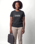 It works on my machine in Dark Grey Heather on Bella+Canvas 3001, worn by Nia. AI-generated model.