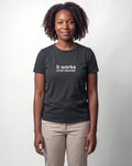 It works on my machine in Dark Grey Heather on Bella+Canvas 3001, worn by Nia. AI-generated model.