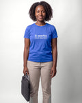 It works on my machine in Heather True Royal on Bella+Canvas 3001, worn by Nia. AI-generated model.