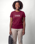 It works on my machine in Maroon on Bella+Canvas 3001, worn by Nia. AI-generated model.