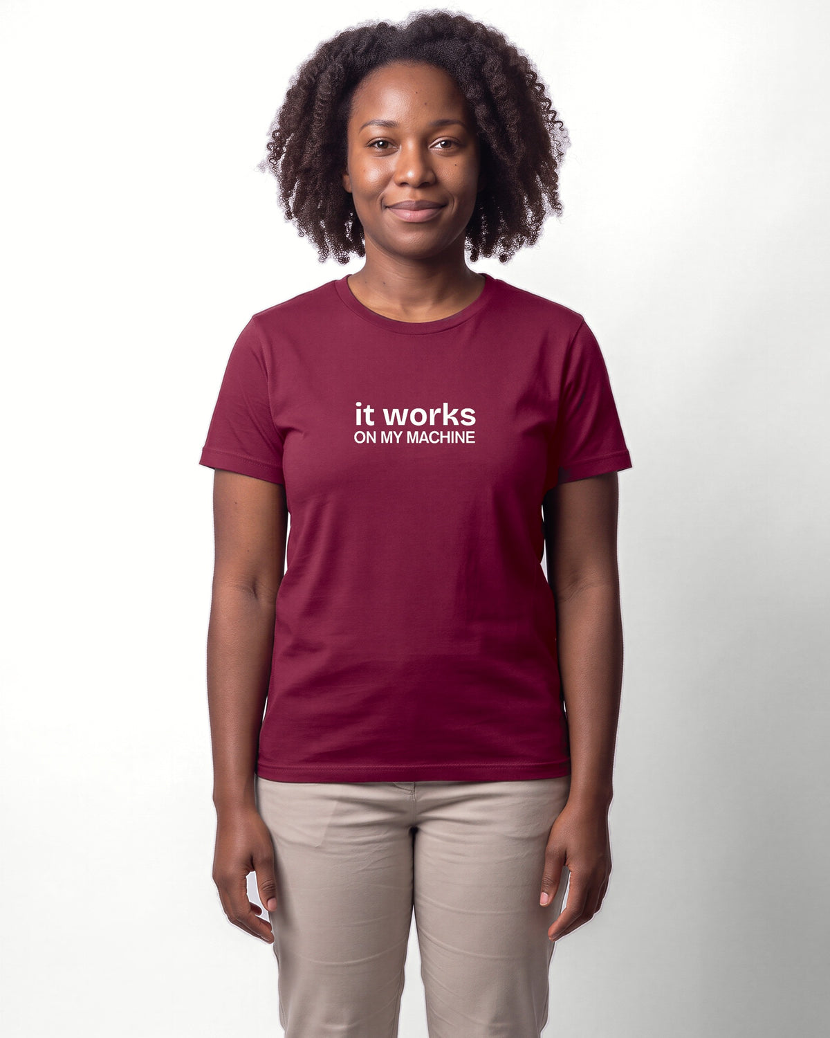 It works on my machine in Maroon on Bella+Canvas 3001, worn by Nia. AI-generated model.
