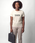 It works on my machine in Natural on Bella+Canvas 3001, worn by Nia. AI-generated model.